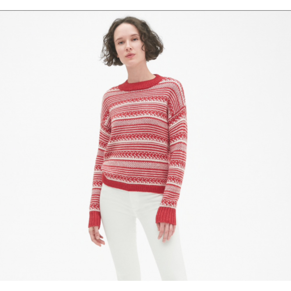 Gap Fair Isle Mock Neck Pullover Sweater Sz M Red Ivory Heavyweight Knit